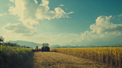 Fototapeta premium Tractor Harvesting Rice in a Field with Mountains in the Background