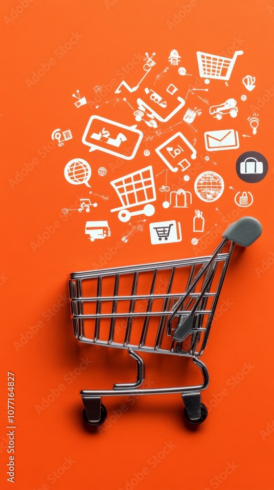 Poster miniature shopping cart on orange background with online shopping icons floating above, representing