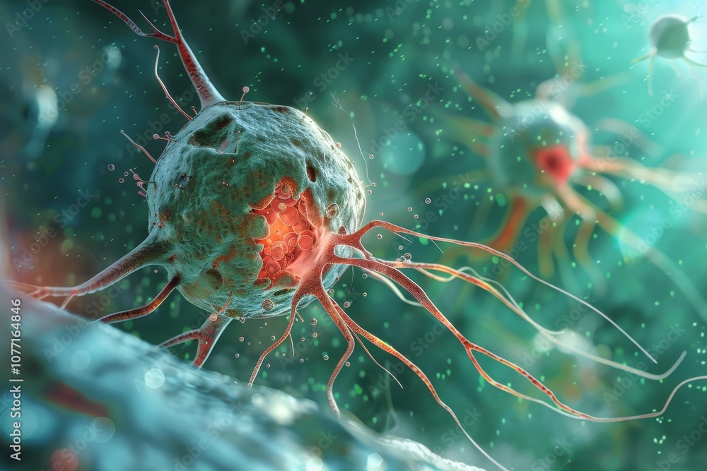 Poster detailed view of a cell with red substance inside, showcasing cellular activity and structure, visua