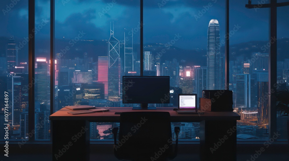 Poster a desk with a computer and laptop in front of a window with a view of a city skyline at night.