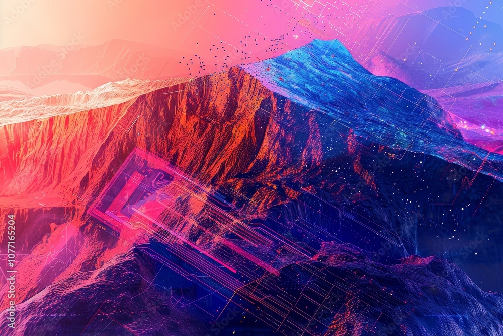 Poster digital artwork depicting a mountain set against a sky background, visualize the concept of mining c