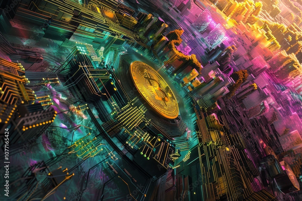Poster a clock is positioned in the middle of a building, visualize the concept of mining cryptocurrency th