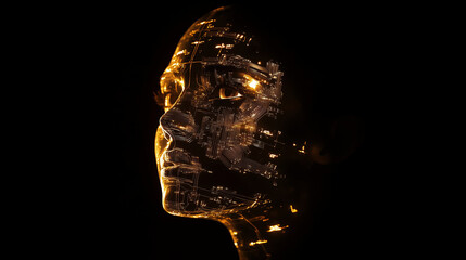 The outline of a human face with metallic skin, tiny circuits visible under a translucent surface, glowing softly