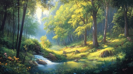 Pristine forest, untouched nature, vibrant greenery, quiet streams, peaceful scene.