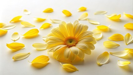 Obraz premium Yellow Floral Petals Floating on White Background - Nature, Floral Aesthetics, Minimalism, Summer Vibes, Botanical Art, Serenity, Bright Colors, Petal Composition, Floral Arrangement.