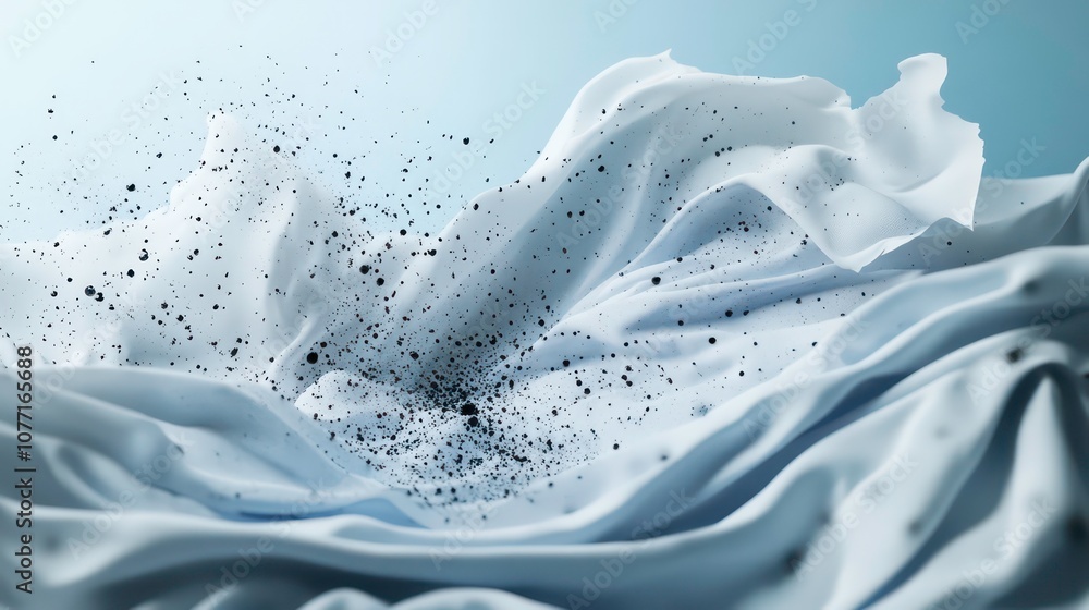 Poster clean concept with dirt particles being removed from white fabric against a blue backdrop. 3d render