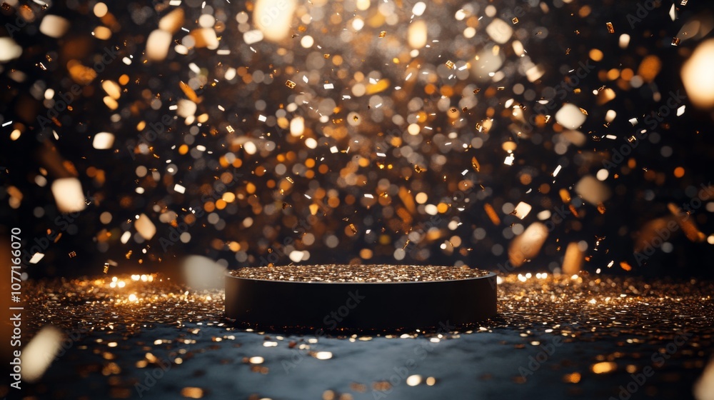 Poster gold confetti falls from the top of the frame, creating a festive atmosphere. it lands on a black pl