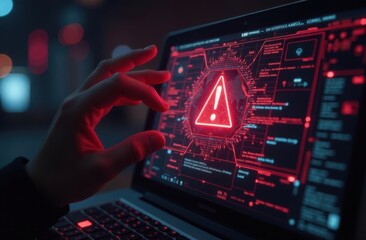 Futuristic Cybersecurity Alert: Holographic Error Warning in High-Tech Digital Environment with Neon Red Illumination and Data Streams 