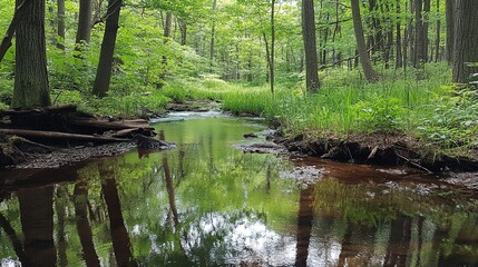 Obraz premium Pristine forest, untouched nature, vibrant greenery, quiet streams, peaceful scene.