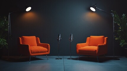 An atmospheric podcast or interview room featuring two orange sofa chairs and microphones, set against a dark background with spotlighting to enhance focus and ambiance.