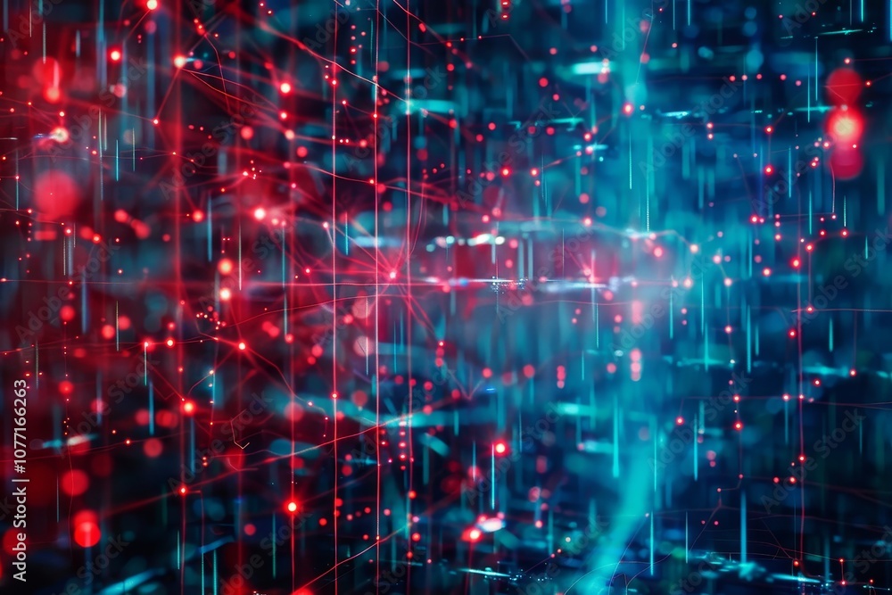 Poster red and blue lights creating an abstract background, blending and merging in a dynamic display, visu