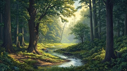 Fototapeta premium Pristine forest, untouched nature, vibrant greenery, quiet streams, peaceful scene.
