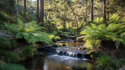 Obraz premium Pristine forest, untouched nature, vibrant greenery, quiet streams, peaceful scene.