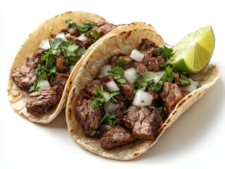 attractive arrangement showcases three authentic Mexican tacos grilled carne asada and vibrant toppings like cilantro and onions beautifully presented white background.