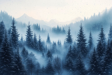 Fototapeta premium A peaceful snowfall scene with delicate snowflakes falling softly against a blurred background of a snow-covered, deep forest, evoking a serene winter atmosphere