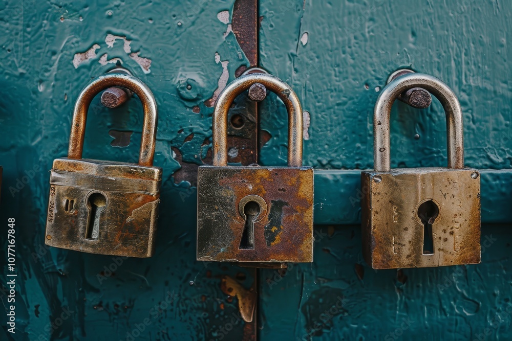 Aufkleber three padlocks secured on a green door, ensuring maximum security, visualize the secure handling of 
