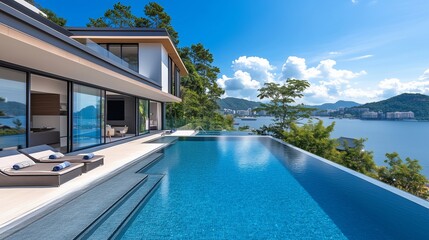 Fototapeta premium Serene backyard infinity pool with panoramic views, ideal for luxury home designs