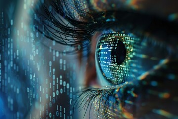 Close-Up of Persons Eye With Digital Background, Visualize the vulnerability of personal information in the age of social media and oversharing