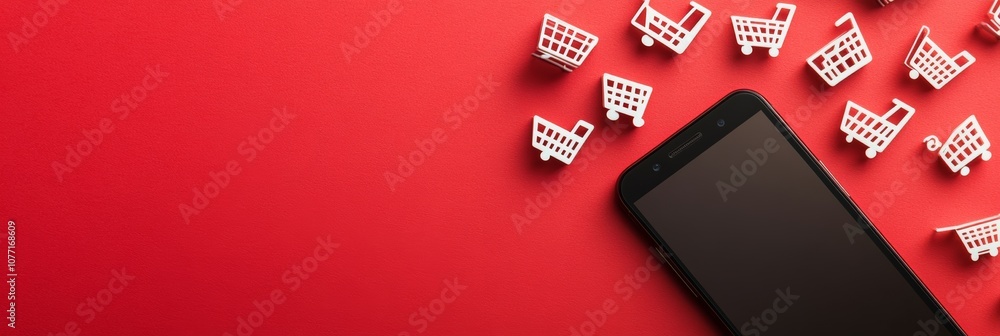 Aufkleber Many small shopping carts surrounding a smartphone on a red background represent the concept of online shopping, e commerce, and mobile payments
