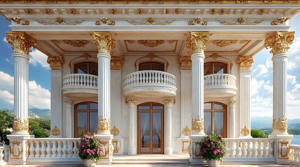 Naklejka premium Luxurious Mansion Beautifully Detailed Ornate Balconies Stately Columns picture