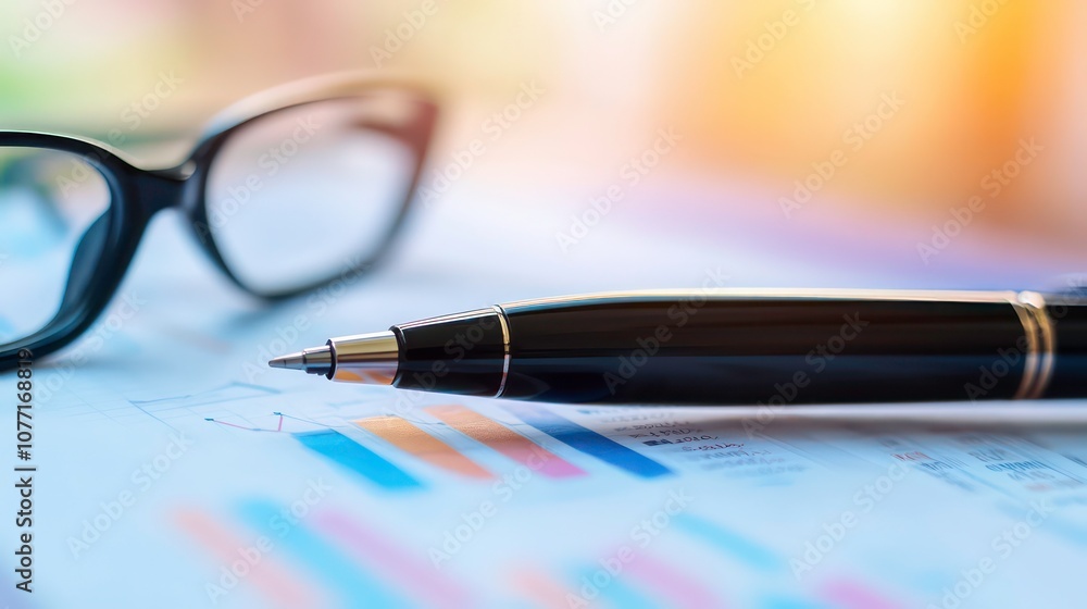 Poster close-up of a black pen and glasses on financial graphs, symbolizing analysis and business strategie