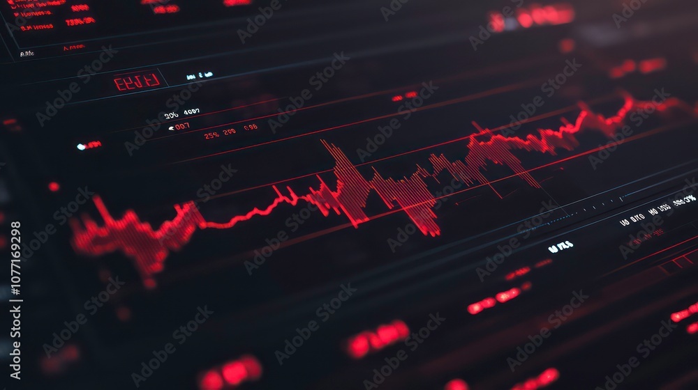 Poster Close-up of a red stock market graph fluctuating on a computer screen.