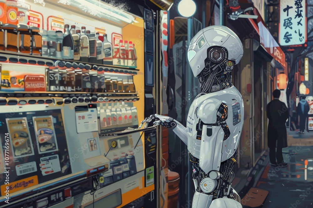Poster a robot is positioned next to a vending machine, showcasing the integration of ai technology in dail