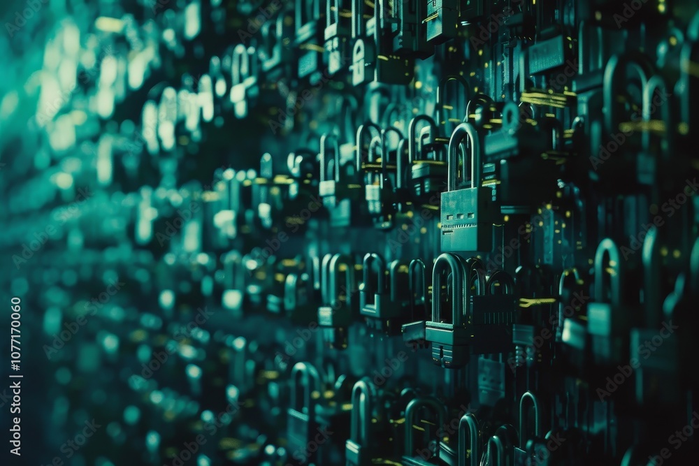 Poster collection of various locks secured to a wall to symbolize the concept of encryption for data protec