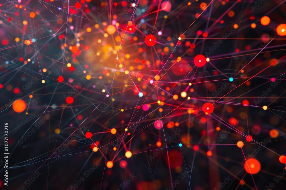 Poster Colorful background filled with intersecting lines and dots, creating a dynamic and visually engaging composition, Visualizing the concept of network vulnerability