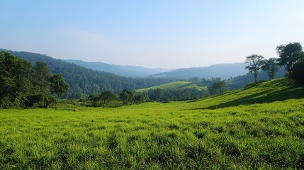 Obraz premium Remote hilltop, untouched views, lush meadows, fresh air, peaceful scene.