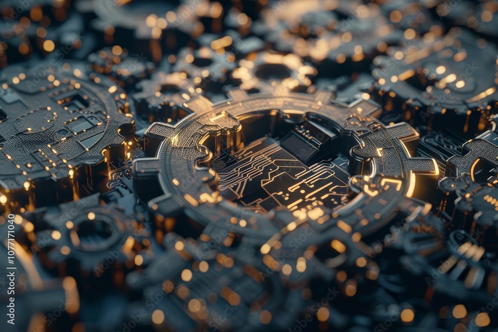 Poster detailed view of a computer chip showing intricate circuits and connections, visualizing the process