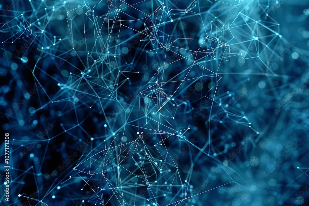 Poster Abstract blue background with intersecting lines and scattered dots forming a pattern, Visualizing the invisible web of connections and vulnerabilities in a digital ecosystem