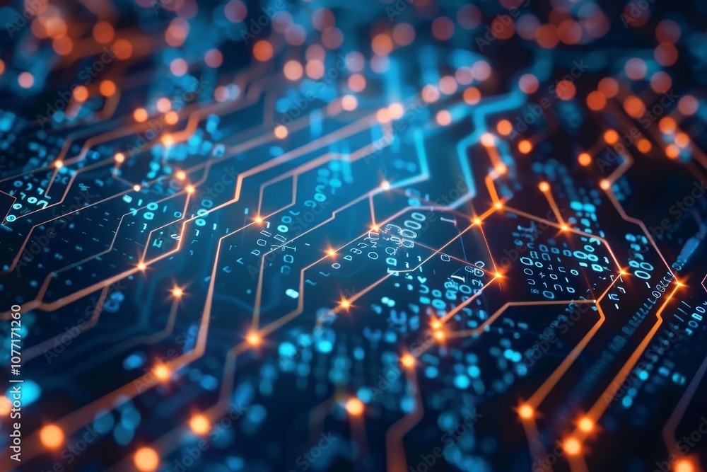 Poster detailed view of a computer circuit board with various components and pathways, visualizing the proc