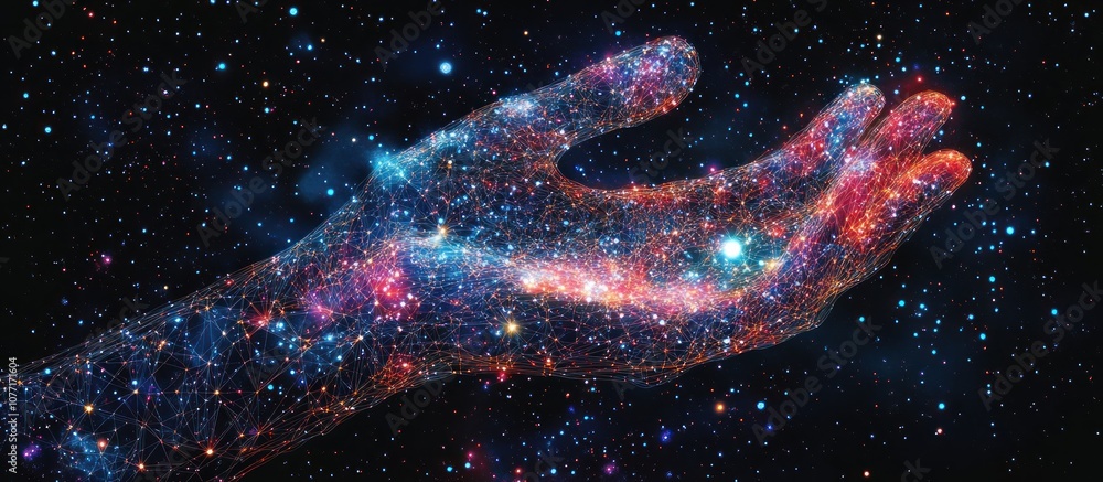 Poster abstract image of an open palm in the form of a starry sky or space, consisting of points, lines
