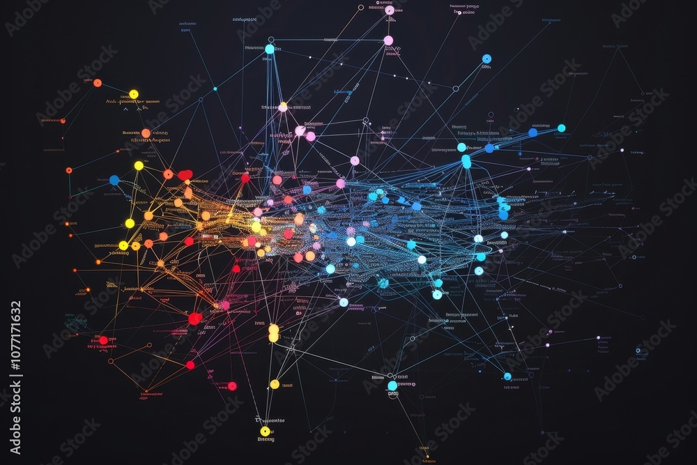 Poster dynamic network of colorful lines and dots on a black background representing data flow, visual repr