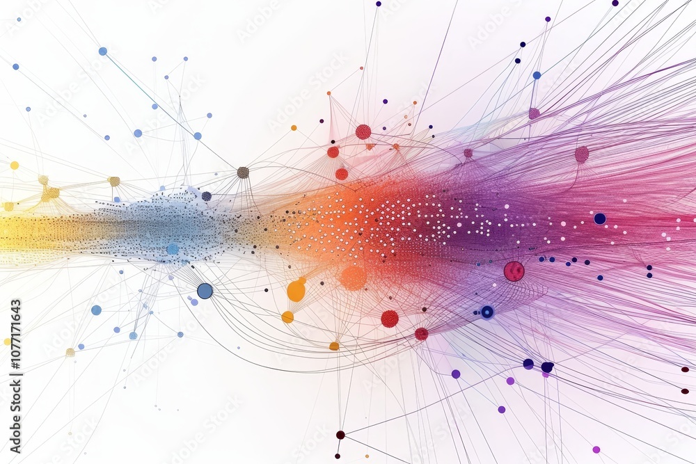 Poster A vibrant abstract background featuring a plethora of colorful lines and dots arranged in a dynamic pattern, Visual representation of data flow in a network