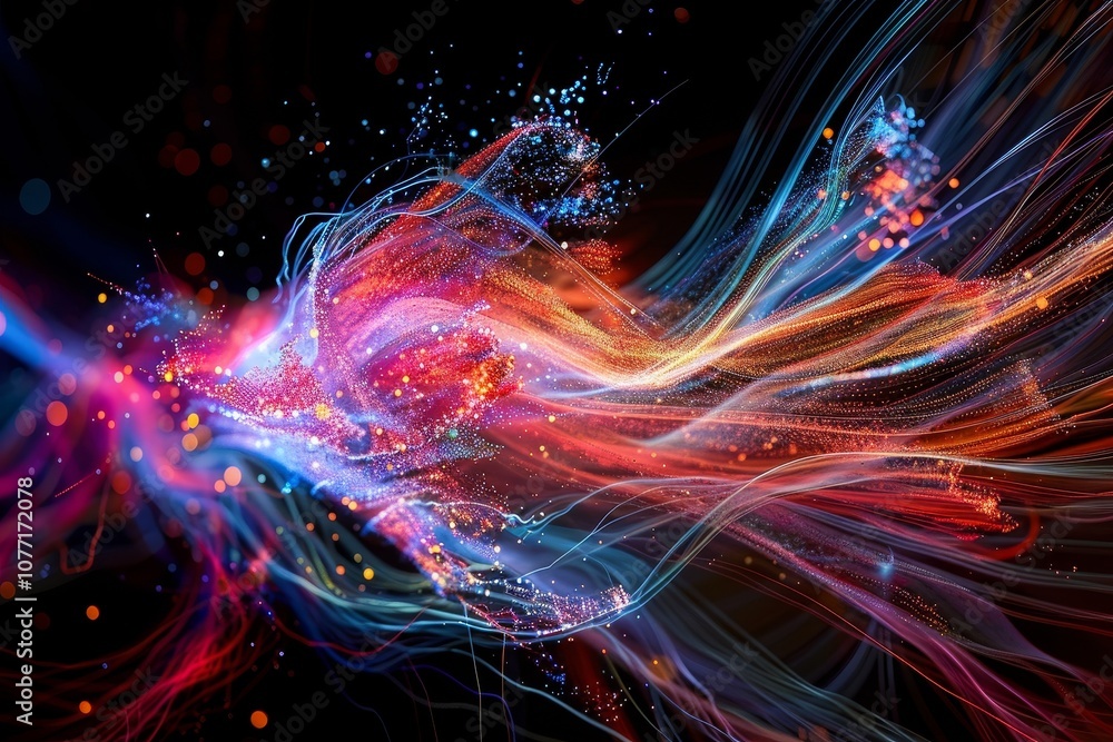 Poster Visualization of data packets moving through colorful lines and shapes, Visual representations of data packets in motion