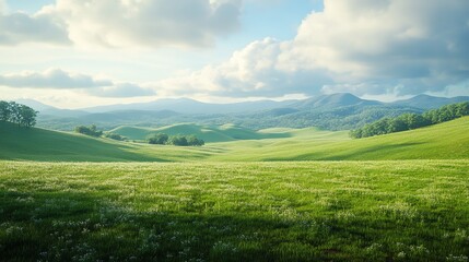 Obraz premium Remote hilltop, untouched views, lush meadows, fresh air, peaceful scene.