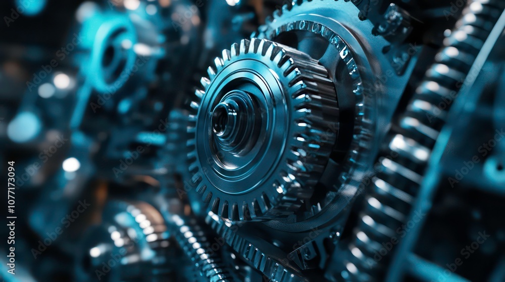 Aufkleber closeup of metallic gears interlocked in a complex machine.