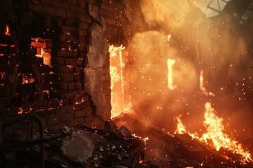 A fire rages fiercely, engulfing a brick building and causing walls to collapse from the intense heat, Walls collapsing under the intense heat of the fire