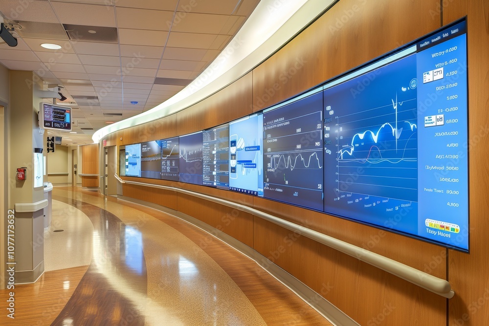 Poster a large monitor is the focal point in a vast room with interactive screens lining the walls, walls l