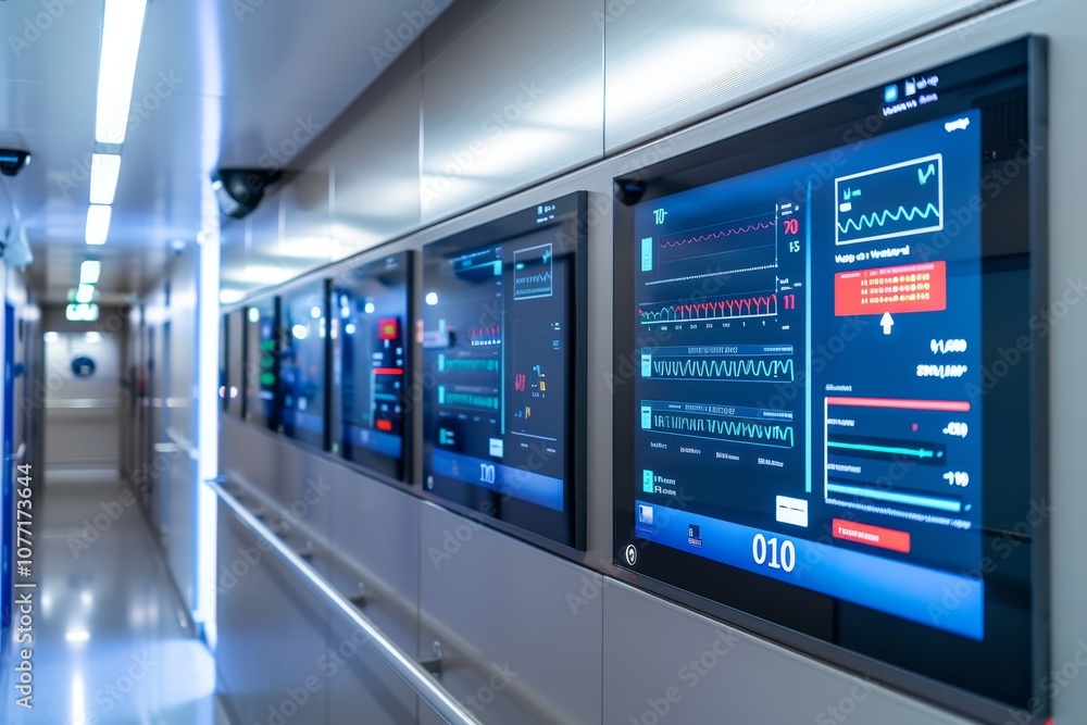 Poster a long hallway with interactive screens on the walls, walls lined with interactive screens displayin