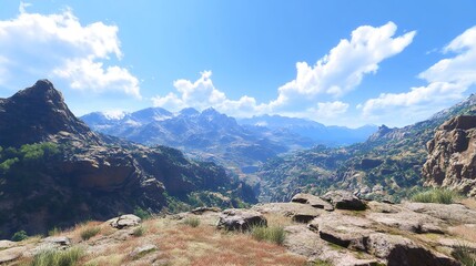 Remote mountain, clear blue skies, vast views, rugged terrain, solitude.