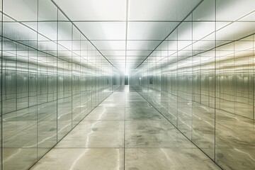 Mirrored walls reflect an empty hallway in a building, Walls lined with mirrors reflecting an empty room, creating an illusion of endless space