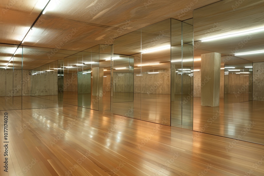 Poster an empty room with mirrored walls and wooden floors, walls lined with mirrors reflecting an empty ro