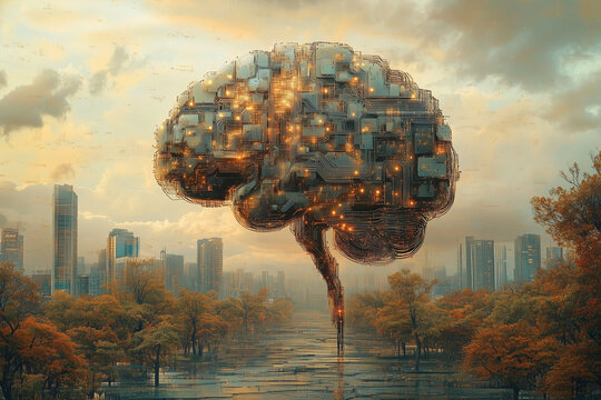 A single neuron linked to a network of computer circuits, showing the likeness between human thought and digital data processing