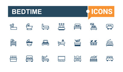 Set of Bed line icons. Includes thin line service, hotel, bedding, medical, motel and more. Isolated icons design. Vector illustration in modern line style.