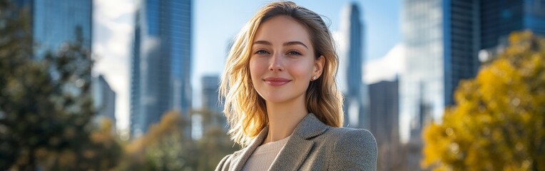 Fototapeta premium Confident businesswoman in an urban setting with bright blue sky