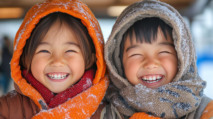 Two young children bundled up in winter gear laugh together.