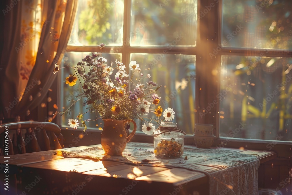 Poster a table with a colorful vase filled with flowers illuminated by warm sunlight streaming through a wi